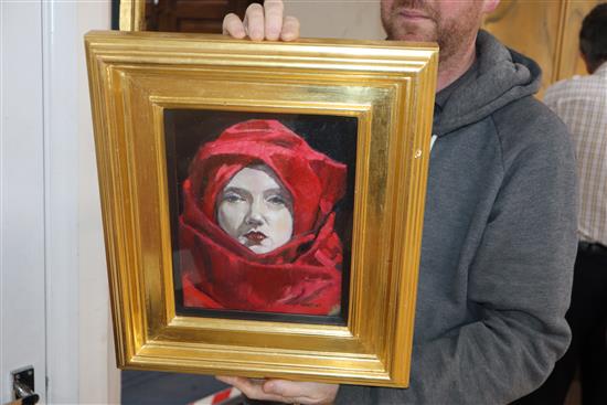 Alexandra Gardner (1945-) two oils on canvas, Self portraits wearing shawls, signed, 24 x 19cm